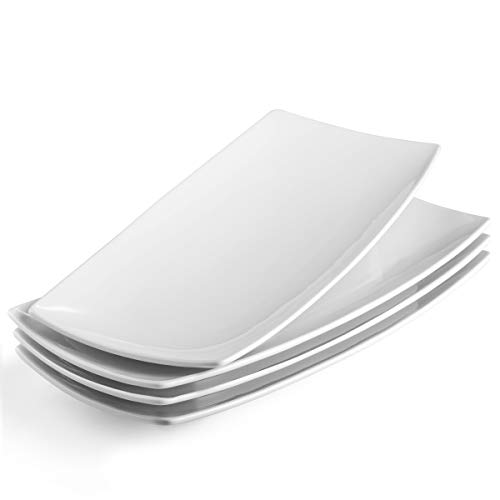KooK Serving Trays, Rectangular Platters, Ceramic, White 11.8 in, Set of 4