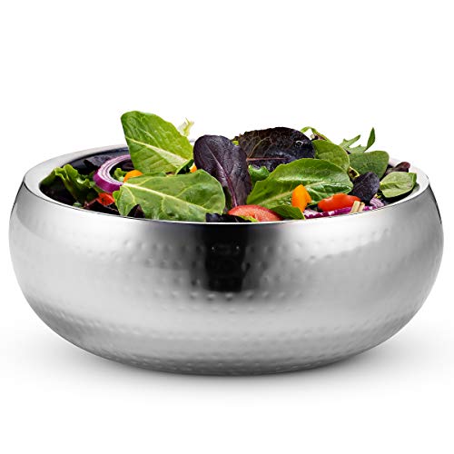 Double Wall Metal Serving Bowl, by Kook, Hammered Style, Stainless Steel, Soup, Cooked Food, Salads, Fruit, 11 Inch