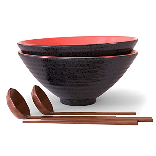 Kook Ceramic Japanese Ramen Bowl Set, with Wooden Spoons and Chopsticks, Noodle Soup Bowl, Microwavable, for Udon Soba Pho Asian Noodles, 60 oz, Black/Red, Set of 2