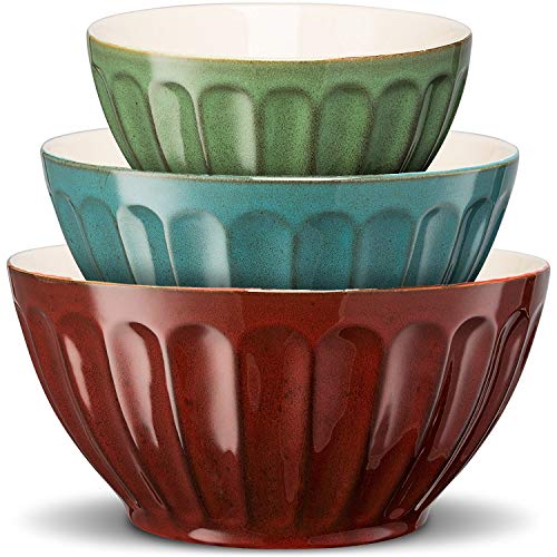 KooK Color Ceramic Mixing/Serving Bowls, Large, Medium, Small, Nesting, Set of 3